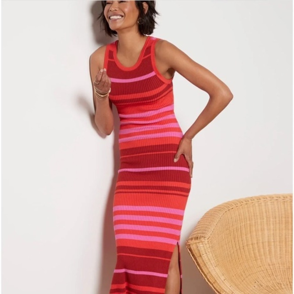 Evereve Sleeveless Maxi Dress XS Red Pink Striped Rib Knit Bodycon Side Slit